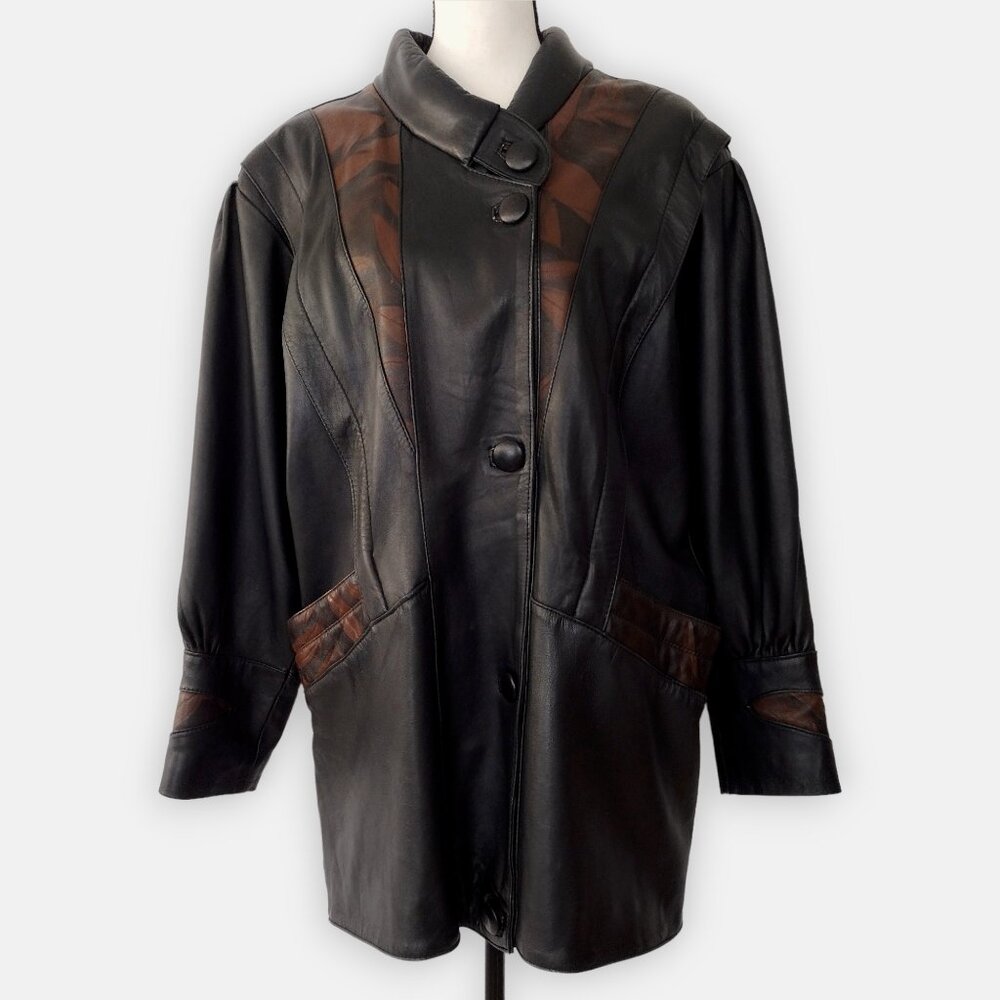 Vintage 1980s Black Brown Oversized Real Leather Button Down Coat Jacket